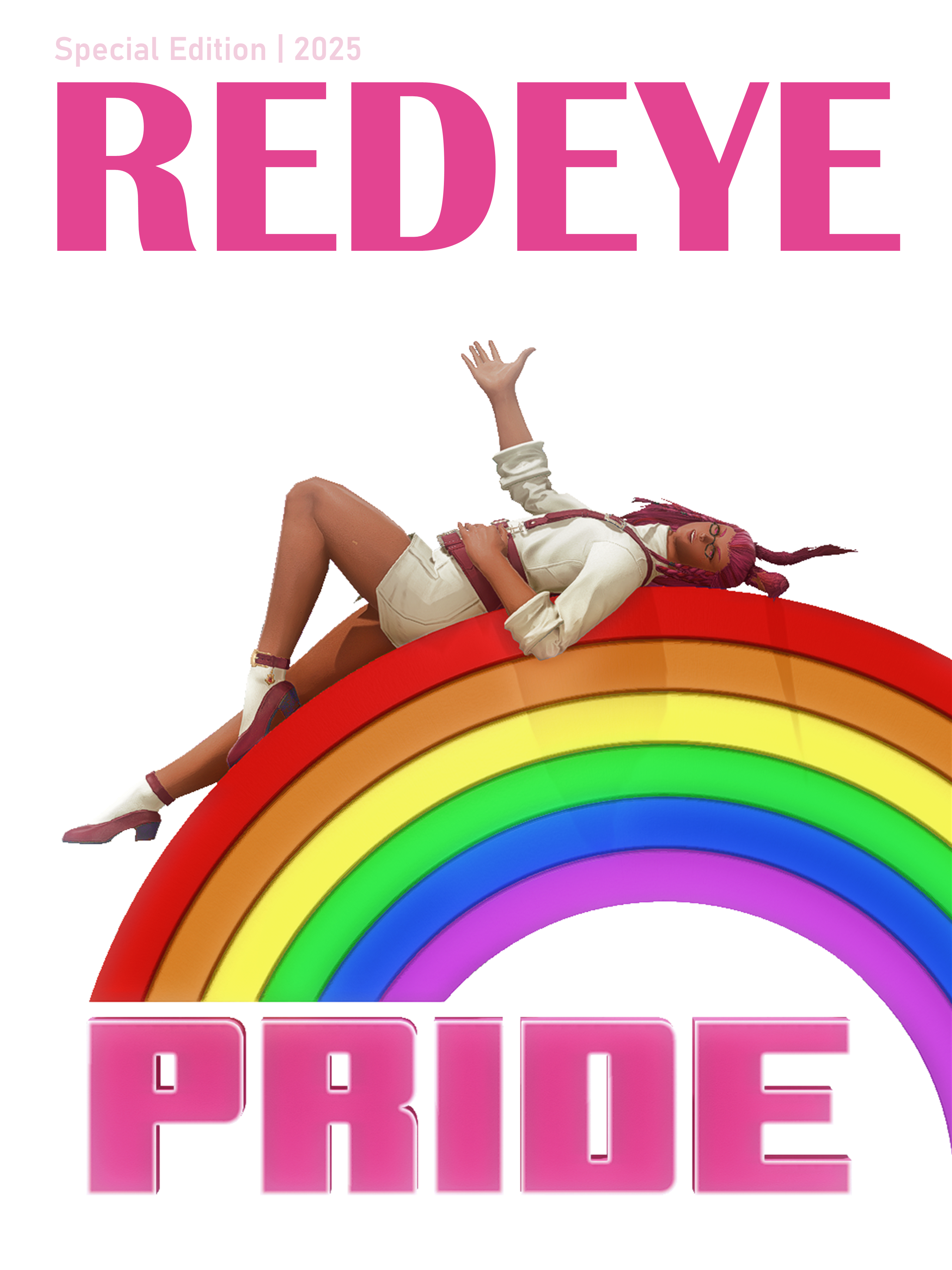 Cover for REDEYE Pride 2025. A magenta-hair viera laying over a neon rainbow sign.